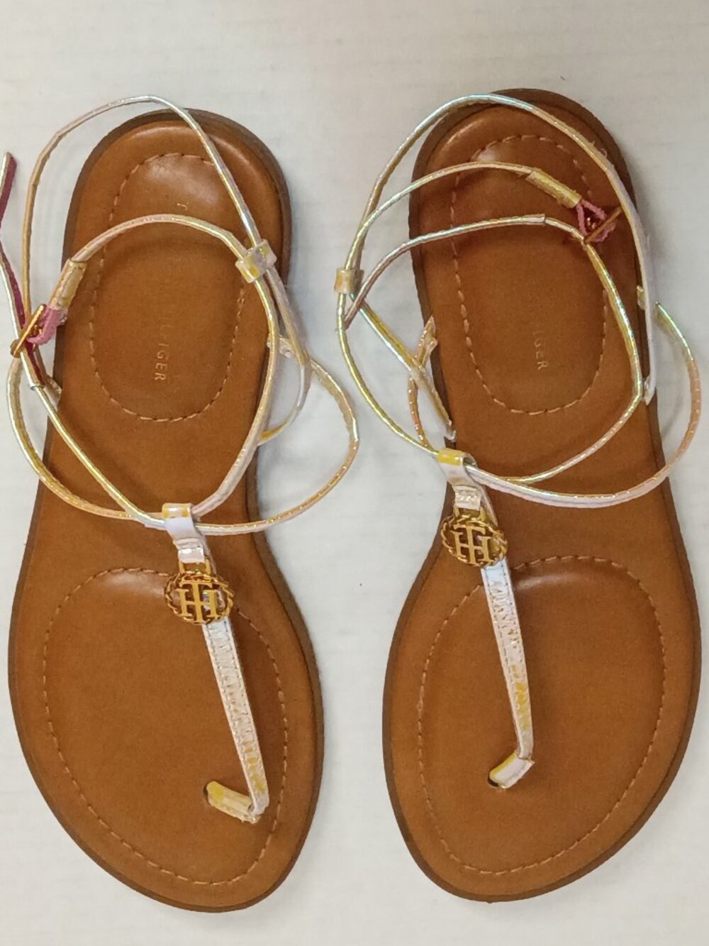 Tommy Hilfiger Iridescent Gold T Strap Flat Thong Sandals Size Women's 8M